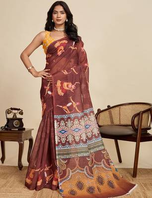 Brown kalamkari printed zari  linen designer saree with blouse 2