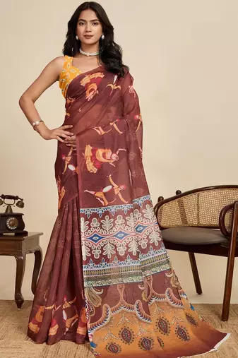 Brown kalamkari printed zari  linen designer saree with blouse