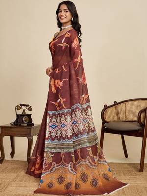Brown kalamkari printed zari  linen designer saree with blouse 3