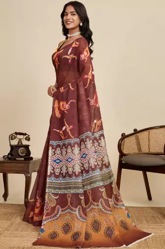 Brown kalamkari printed zari  linen designer saree with blouse