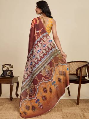 Brown kalamkari printed zari  linen designer saree with blouse 4