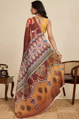 Brown kalamkari printed zari  linen designer saree with blouse
