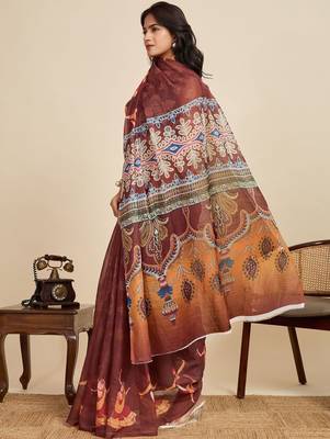 Brown kalamkari printed zari  linen designer saree with blouse 5
