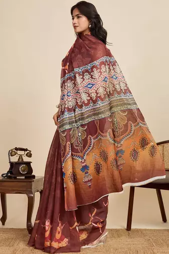 Brown kalamkari printed zari  linen designer saree with blouse