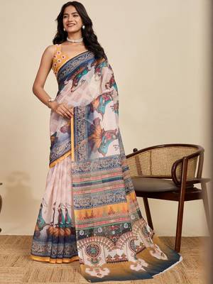 Off white kalamkari printed zari  linen saree with blouse 1