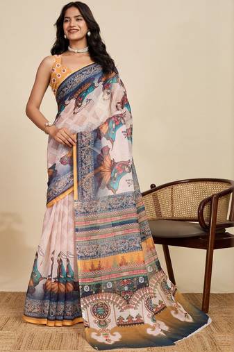 Off white kalamkari printed zari  linen saree with blouse