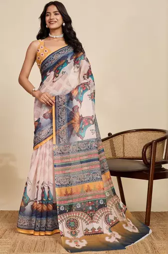 Off white kalamkari printed zari  linen saree with blouse