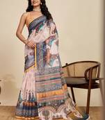 Off white kalamkari printed zari  linen saree with blouse
