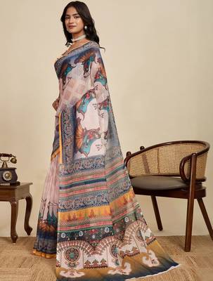 Off white kalamkari printed zari  linen saree with blouse 2
