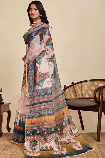 Off white kalamkari printed zari  linen saree with blouse
