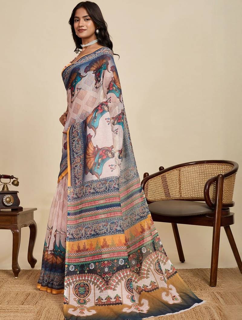 Off white kalamkari printed zari  linen saree with blouse