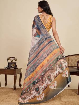 Off white kalamkari printed zari  linen saree with blouse 3