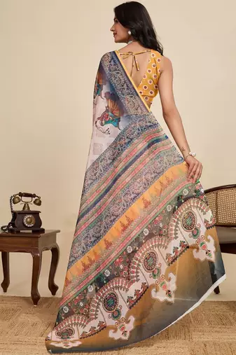 Off white kalamkari printed zari  linen saree with blouse