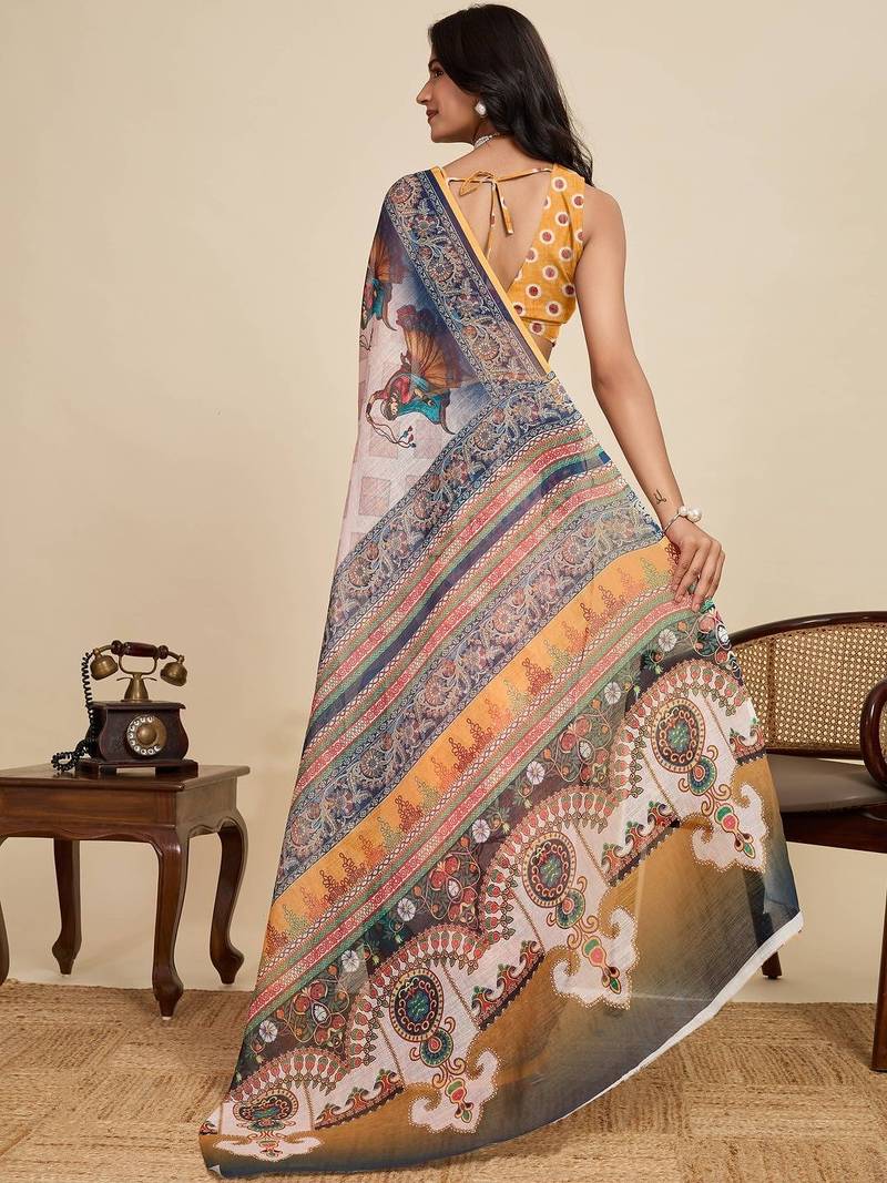 Off white kalamkari printed zari  linen saree with blouse