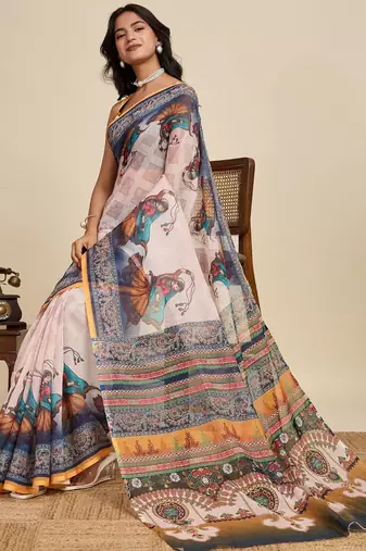 Off white kalamkari printed zari  linen saree with blouse