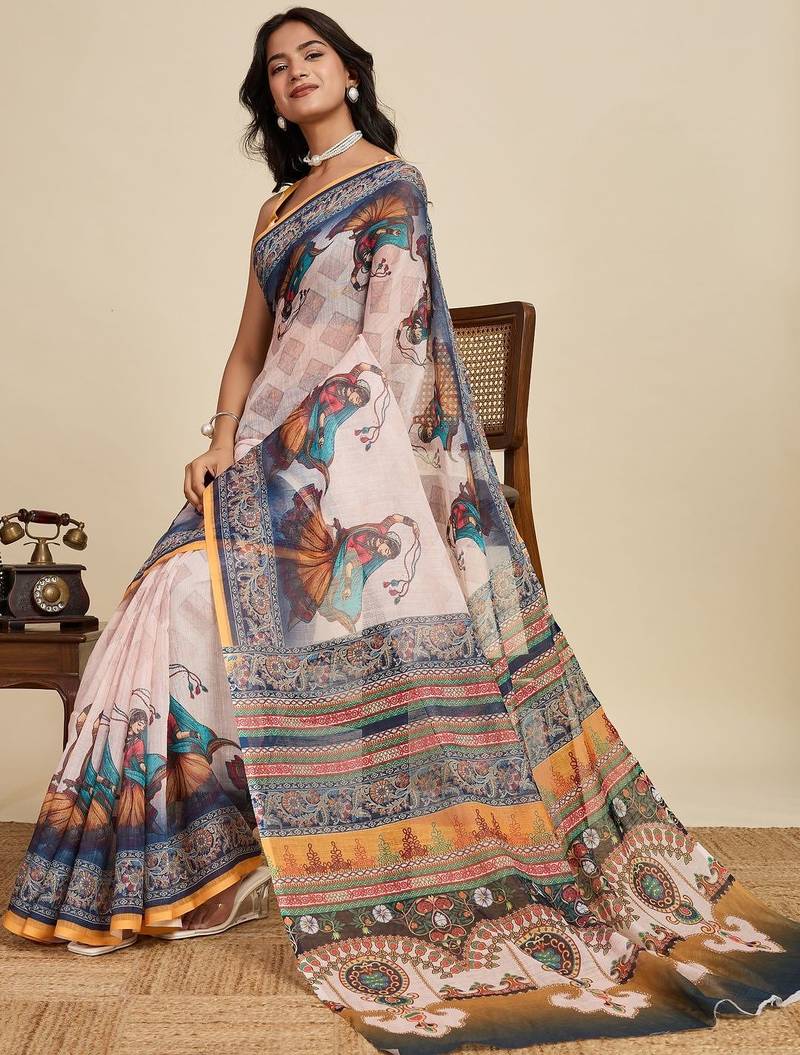 Off white kalamkari printed zari  linen saree with blouse