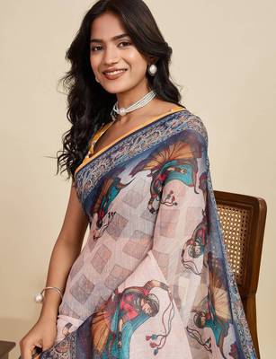 Off white kalamkari printed zari  linen saree with blouse 5