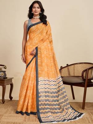 Yellow paisley beads and stones  linen saree with blouse 1