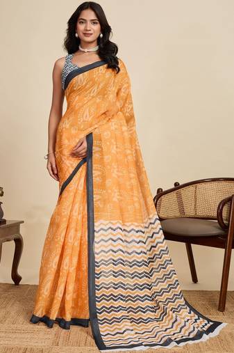 Yellow paisley beads and stones  linen saree with blouse