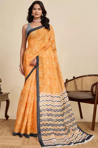 Yellow paisley beads and stones  linen saree with blouse