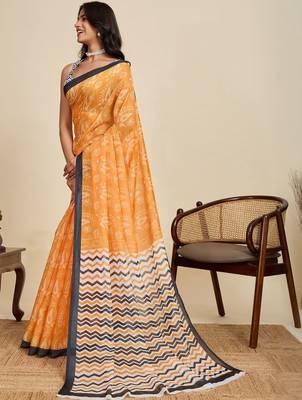 Yellow paisley beads and stones  linen saree with blouse 3