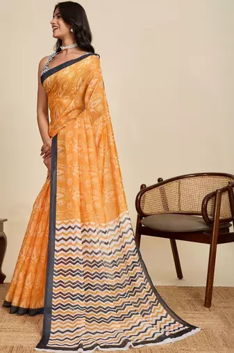 Yellow paisley beads and stones  linen saree with blouse