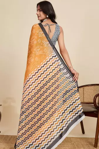 Yellow paisley beads and stones  linen saree with blouse