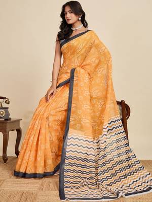 Yellow paisley beads and stones  linen saree with blouse 5