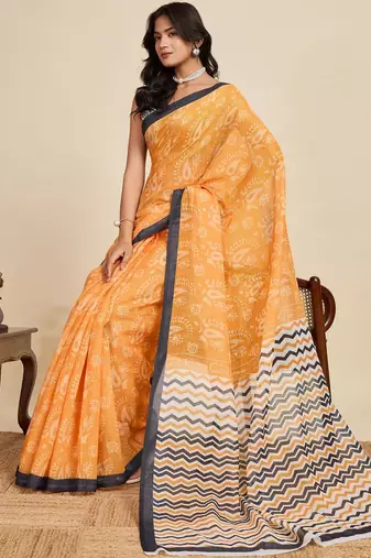 Yellow paisley beads and stones  linen saree with blouse