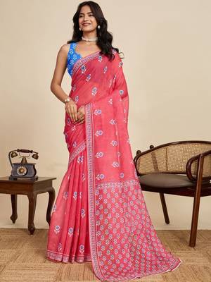 Pink floral printed  linen saree with an unstitched blouse 1