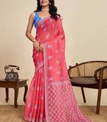 Pink floral printed  linen saree with an unstitched blouse