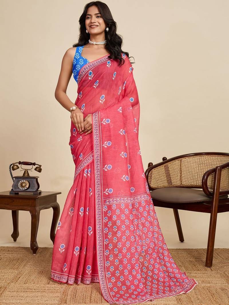 Pink floral printed  linen saree with an unstitched blouse