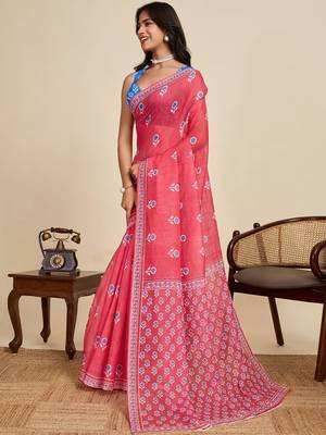 Pink floral printed  linen saree with an unstitched blouse 2