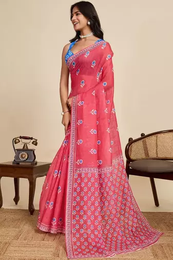 Pink floral printed  linen saree with an unstitched blouse