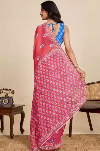 Pink floral printed  linen saree with an unstitched blouse