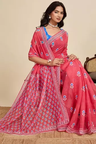 Pink floral printed  linen saree with an unstitched blouse