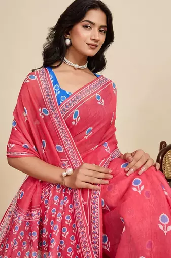 Pink floral printed  linen saree with an unstitched blouse