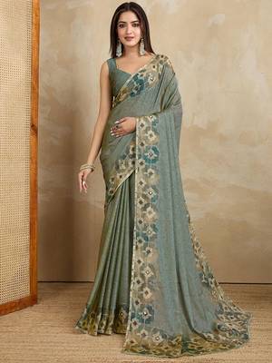 Olive floral aari work printed poly chiffon saree 1