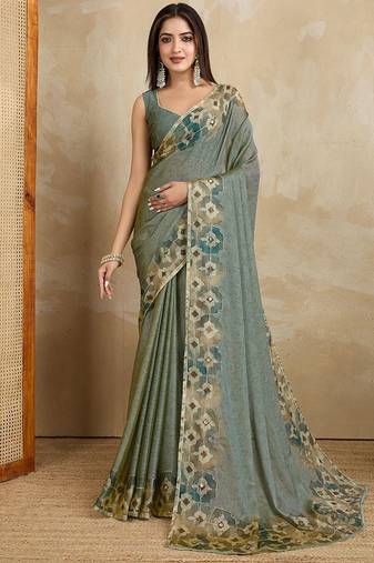 Olive floral aari work printed poly chiffon saree