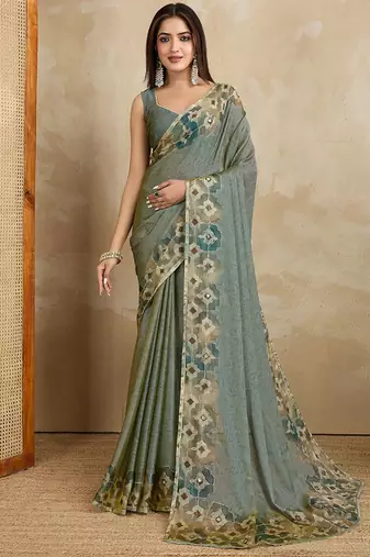Olive floral aari work printed poly chiffon saree