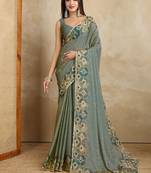 Olive floral aari work printed poly chiffon saree