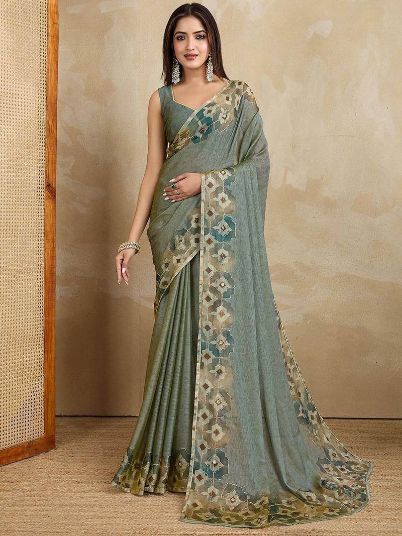 Olive floral aari work printed poly chiffon saree