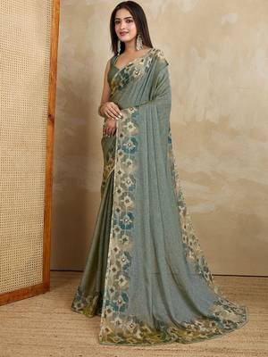 Olive floral aari work printed poly chiffon saree 2