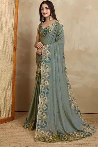 Olive floral aari work printed poly chiffon saree