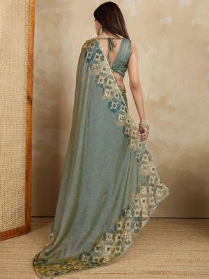 Olive floral aari work printed poly chiffon saree 3