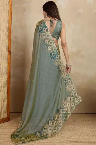 Olive floral aari work printed poly chiffon saree