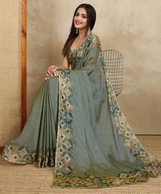 Olive floral aari work printed poly chiffon saree 4