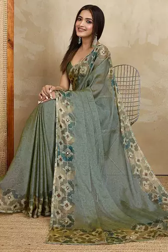 Olive floral aari work printed poly chiffon saree
