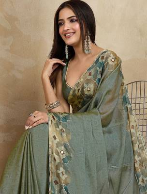 Olive floral aari work printed poly chiffon saree 5