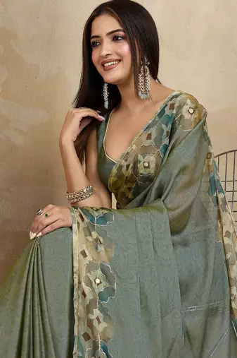 Olive floral aari work printed poly chiffon saree